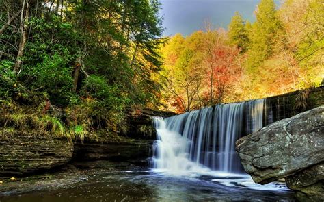 Waterfall Rocks Stones Trees Autumn Hd Wallpapers Nature