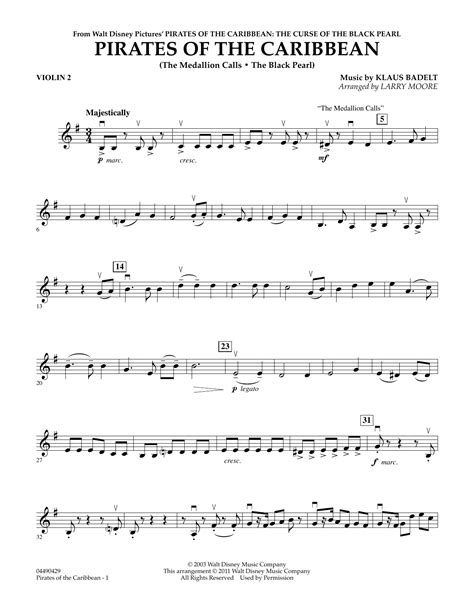 Musicnotes features the world's largest online digital sheet music catalogue with over 400,000 arrangements available to print and play instantly. Pirates of the Caribbean - Violin 2 Sheet Music | Larry Moore | String Quartet