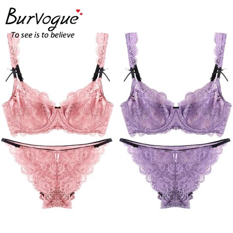 Burvogue 2pcs Womens Embroidery Bra Set Lace Bra And Panties Plus Size