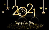 Happy New Year, 2021 gold and black background with a clock and stars ...