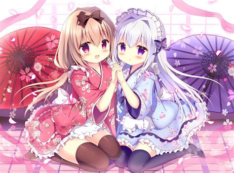 Download 1620x1200 Cute Anime Girls Kimono Friends Smiling Long Hair Headband Lolita