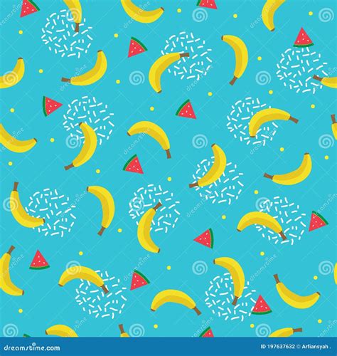Seamless Pattern Banana And Watermelon Fruit With Light Blue Background