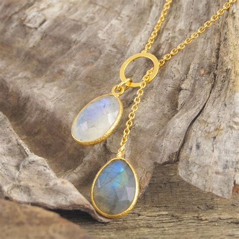 Gold Labradorite Moonstone Lariat Necklace By Embers Gemstone Jewellery