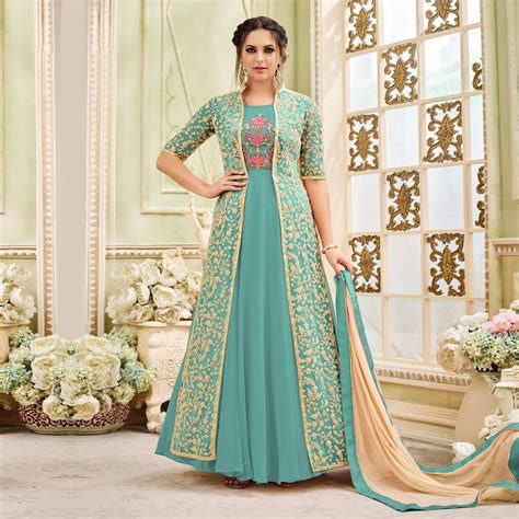 Exclusive party wear anarkali styled tunics are a step ahead in the collection, featuring vibrant prints and shades on denim, jute and the full sleeve red anarkali tunic in silk with intricate golden floral prints at the top and golden embroidery at the bottoms looks. Buy Charming Turquiose Designer Embroidered Partywear ...