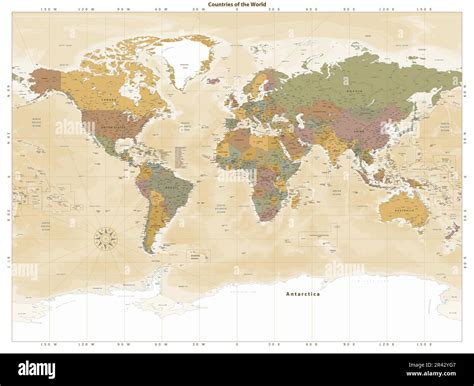 Detailed Political World Map Vintage Style Miller Projection Stock