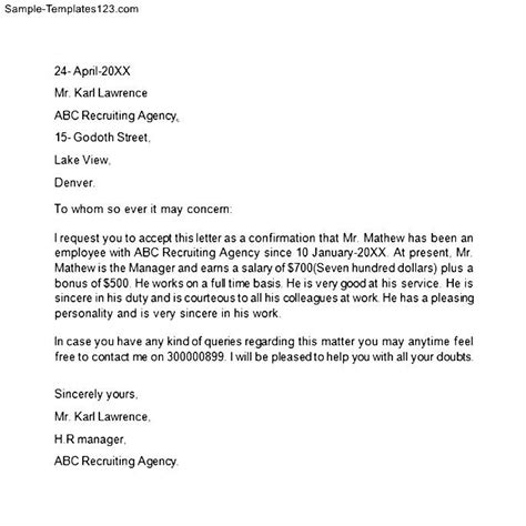 employment letter template sample templates