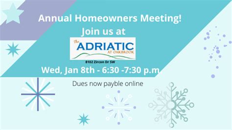 Annual Homeowners Meeting At The Adriatic Grill Wed Jan 8th 630