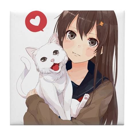 Anime Girl Holding Her Cat Tile Coaster By Admincp74656649 Cafepress
