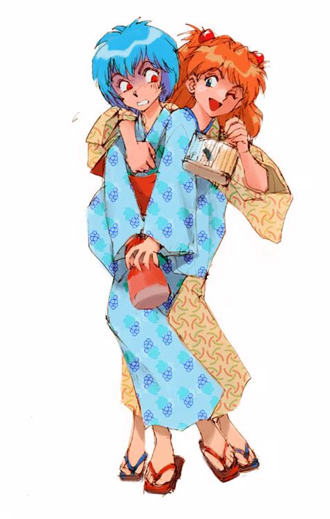 Safebooru 2girls Ayanami Rei Blue Eyes Blue Hair Japanese Clothes Kimono Multiple Girls Neon