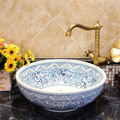Bule China Artistic Handmade Porcelain Round Bathroom Counter Top