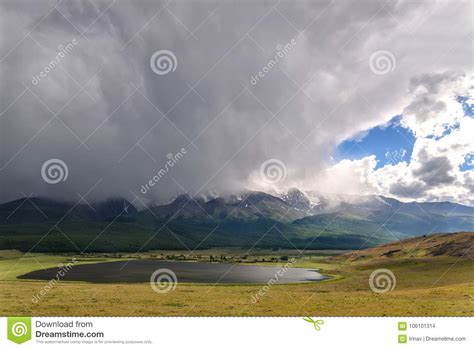 Mountains Lake Overcast Storm Clouds Sunlight Stock Photo Image Of