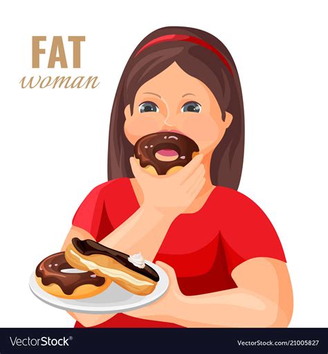 Fat Woman Eats Donuts And Cake Covered With Vector Image