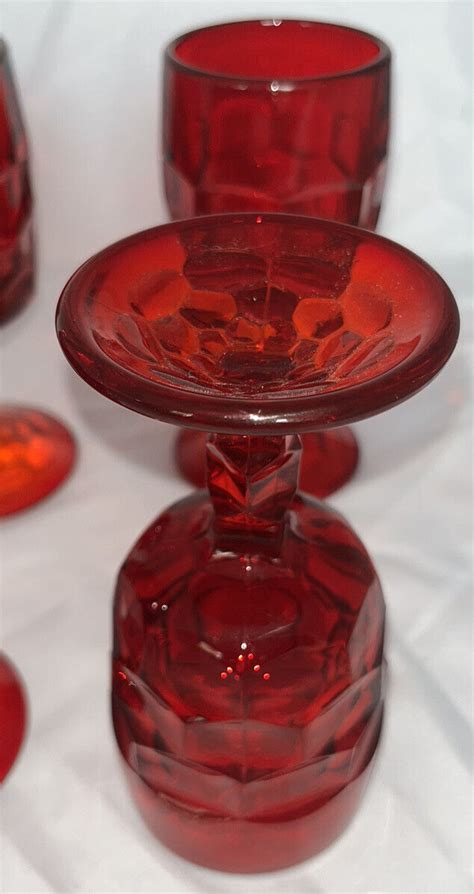 6 Vintage Viking Glass Georgian Ruby Red Honeycomb Water Goblets
