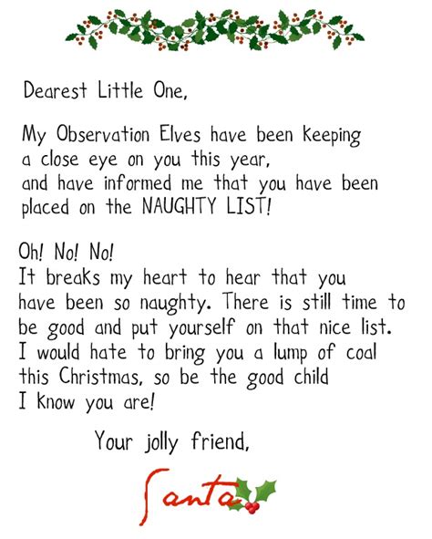 Free Printable Naughty List Letter From Santa
