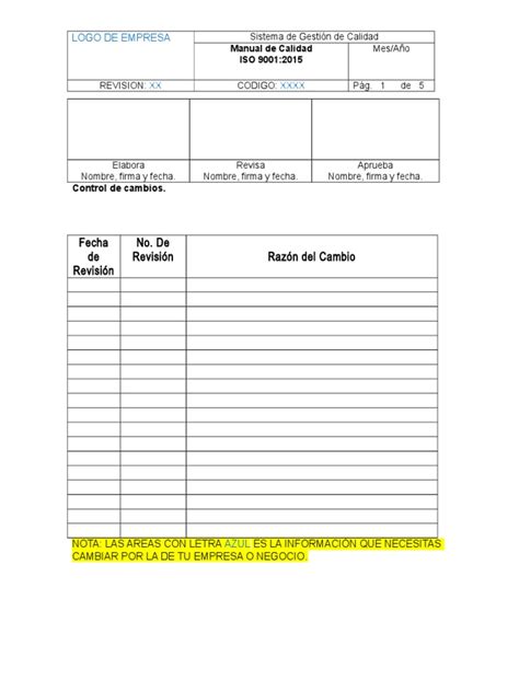 Plantilla Manual Calidad Iso 2015 Ejemplo Gestión De La Calidad
