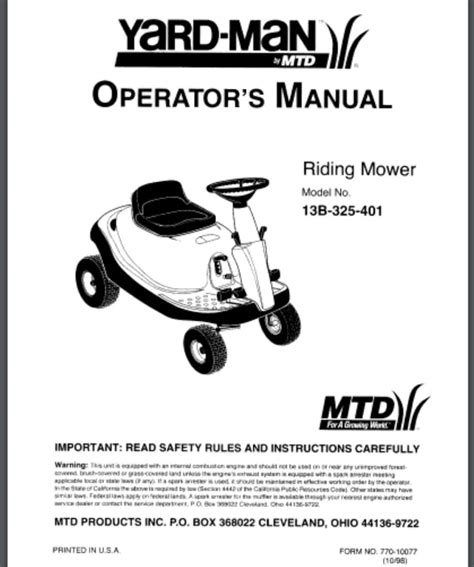 Yard Man Bug Mtd Riding Mower 13b 325 401 Operators And Parts Lists