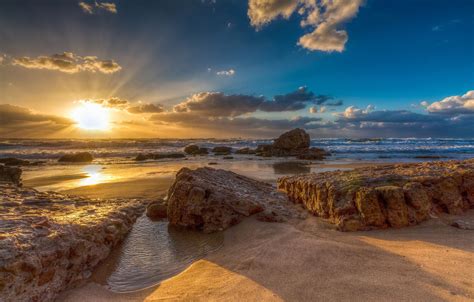 Gloss Setting Sun On The Beach Sunset Time In Ashkelon National Park