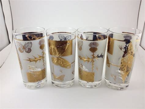 Gold Butterfly Drinking Glasses Metallic Thistle Frosted