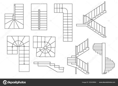 Drawing Stairs Stairway Top View Sectional View Architectural Set Stock
