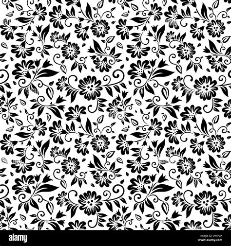 Floral Seamless Pattern In Black And White With Leaves And Flower