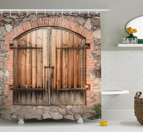 Rustic Shower Curtain Wooden Door Of A Stone House With Wrought Iron