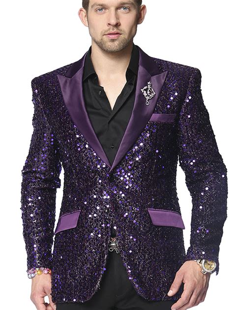 Angelino Mens Purple Sequin Bling Satin Lapel Fun Trendy Casual Formal