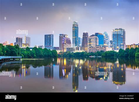Austin Texas Usa Downtown Skyline On The Colorado River At Night