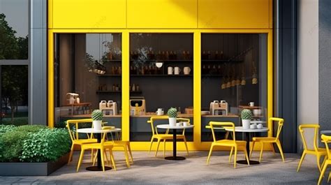 테이블과 의자가 있는 노란색 외관을 갖춘 빈 간판 야외 커피숍의 3d 렌더링 레스토랑 건물 카페 숍 야외 카페 배경