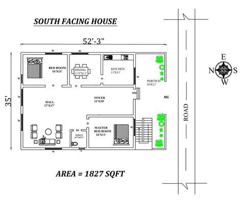 52x35 South Facing 2bhk House Plan As Per Vastu Shastraautocad