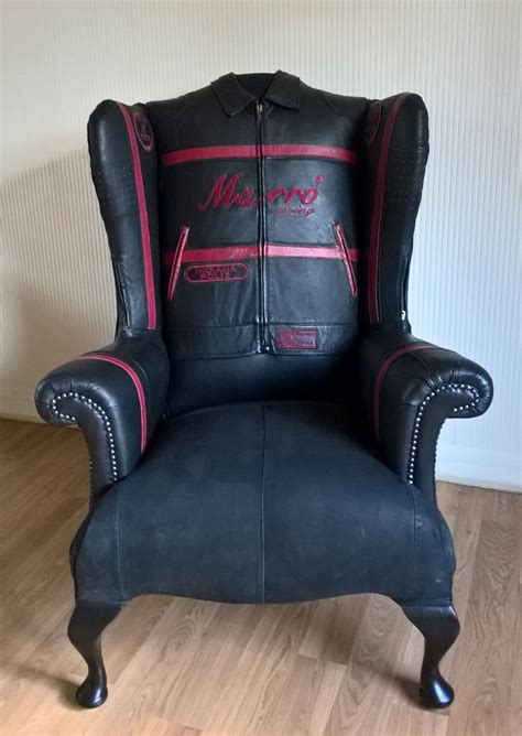 Classic style meets contemporary comfort with this tufted wingback chair. upcycled motorbike leathers and leather coat, on a vintage ...