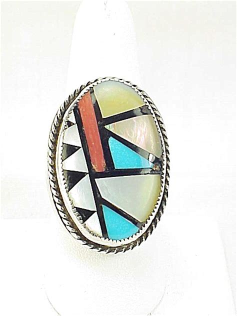 VINTAGE NATIVE AMERICAN ZUNI MENS STERLING SILVER INLAID TURQUOISE