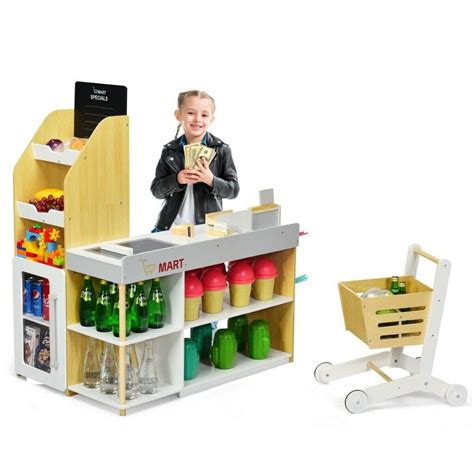 Wooden Children Supermarket Stall Toy Shopping Trolley Grocery Store