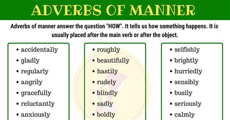 An adverb of manner is a word that describes (gives extra information about) the verb in a sentence. List of Adverbs of Manner in English | Adverbs, List of ...
