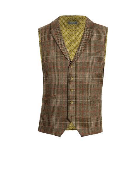 brown checkered tweed lapeled suit waistcoat with brass buttons