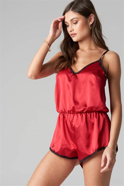 Satin Lace Playsuit Red Na