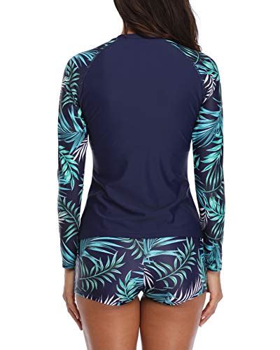 Daci Women Blue Leaves Two Piece Rash Guard Long Sleeve Swimsuits Uv Upf 50 Swim Shirt Bathing