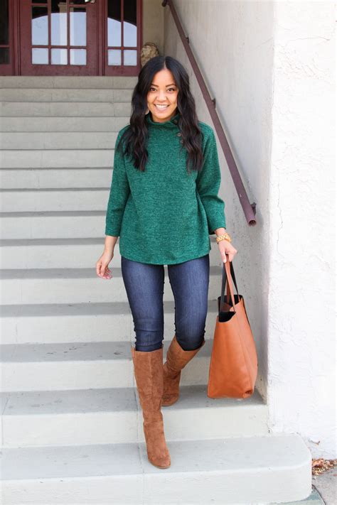 Green Sweater Skinny Jeans Brown Suede Boots Cognac Tote Outfit 5
