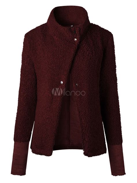 Women Fall Jacket Burgundy Long Sleeve Fleece Casual Jacket