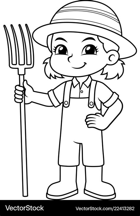 Farmer Girl Holding Fork Ready To Work Bw Vector Image