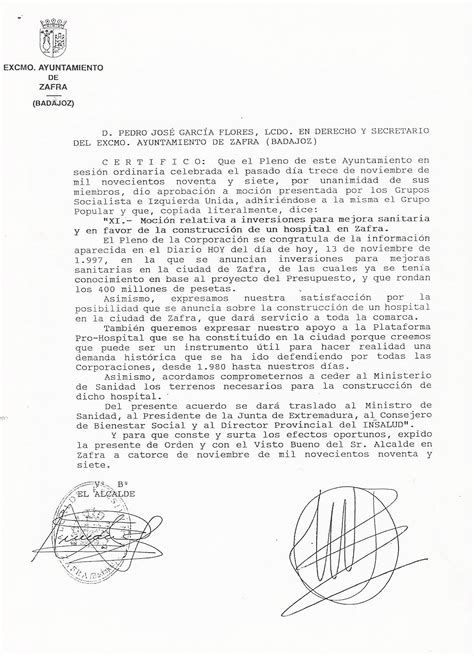 Documento Del Ayuntamiento De Zafra Al Proyecto Del Hospital Año 1998