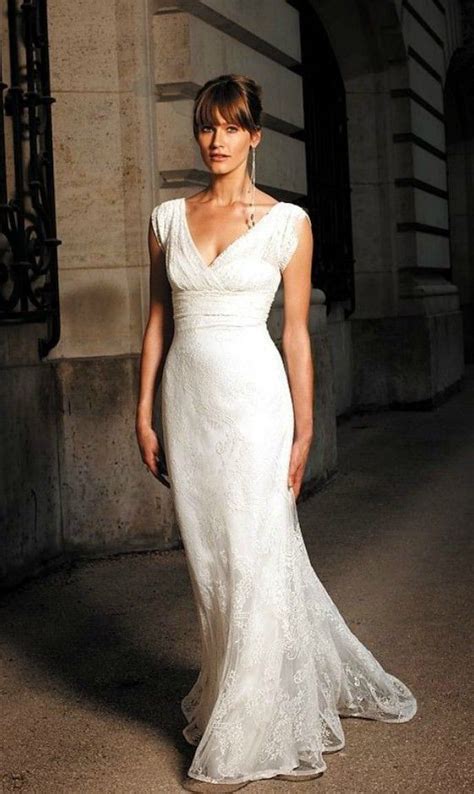 Elegant Lace V Neck Wedding Dress For Older Brides Over 40