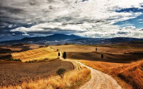 Hills Sky Trees Clouds Paths Walking Tuscany Grass Italy 1080p