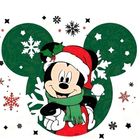 Mickey Mouse Wearing A Santa Hat And Scarf With Snowflakes On Its Back