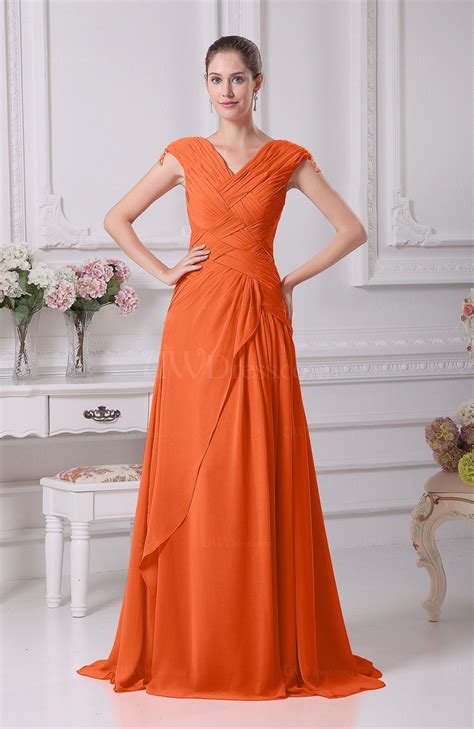 Tangerine Elegant A Line V Neck Short Sleeve Chiffon Floor Length Prom