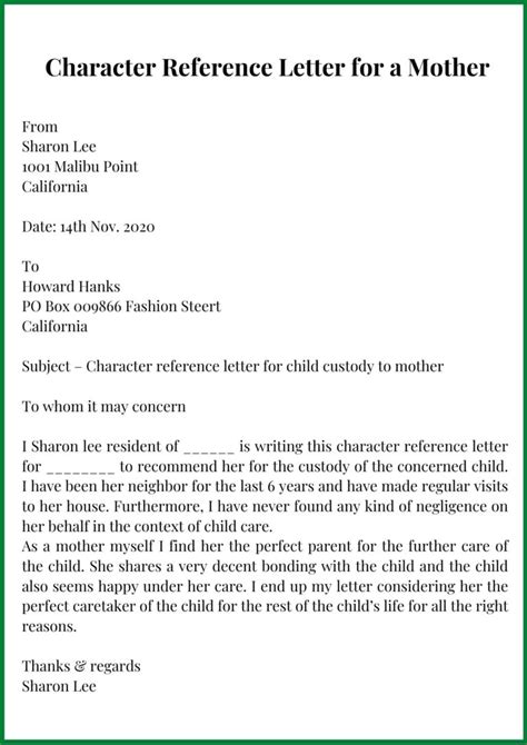 Sample Character Reference Letter For A Mother Character Reference Letter