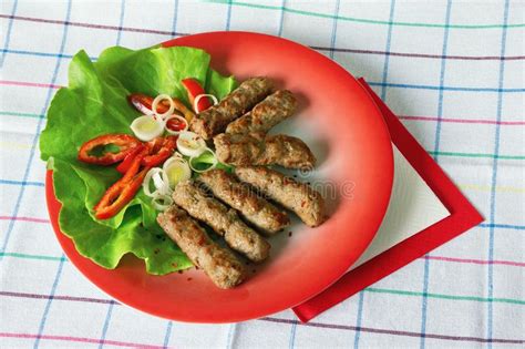 Balkan Cuisine Cevapi Grilled Dish Of Minced Meat Stock Image