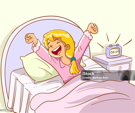 Happy Cute Little Kid Girl Wake Up Cartoon Vector Stock Illustration