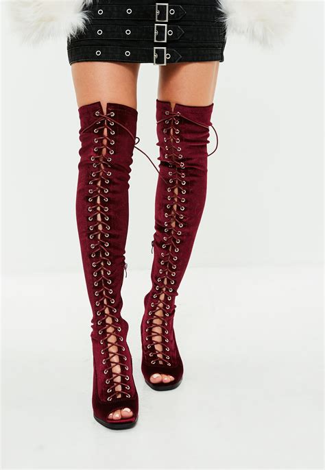 Lyst Missguided Burgundy Velvet Lace Up Over The Knee Boots In Red