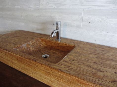 Dark wooden bathroom interior with sinks. - Recycled wood sink top - View in Your Room! | Houzz