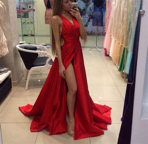 Formal Dress Stylish Red Prom Dress A Line V Neck With Slit Long Prom Dresses 2016 Graduation
